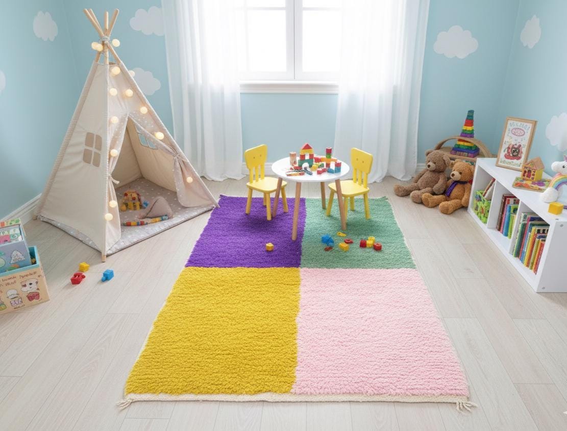 Bohemian Multi-Color Moroccan Rug, Tribal Berber Wool Carpet, Plush Shag Area Rug , Fluffy Moroccan Rug Nursery Area Rug Playroom Carpet
