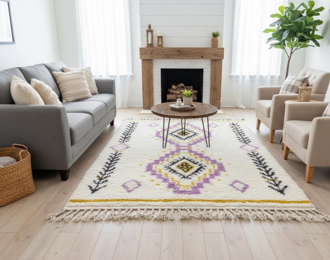 Moroccan Beni Ourain Wool Rug – Fluffy Berber Area Rug, Handmade Boho Shag Carpet for Living Room Nursery Area Rug Playroom Carpet
