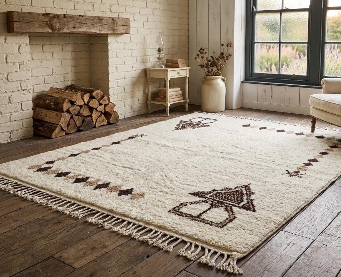 Moroccan Beni Ourain Rug Handmade Wool Carpet, White Brown Berber Shag Rug, Abstract Area Rug, Made to Order Moroccan Rug, Living Room Rug