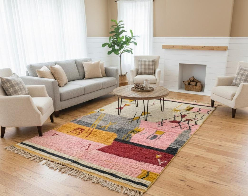 Handwoven Moroccan Rug Beni Ourain Azilal Wool Carpet Thick Plush Berber Area Rug for Modern Boho Interior Bohemian Home Decor Rug