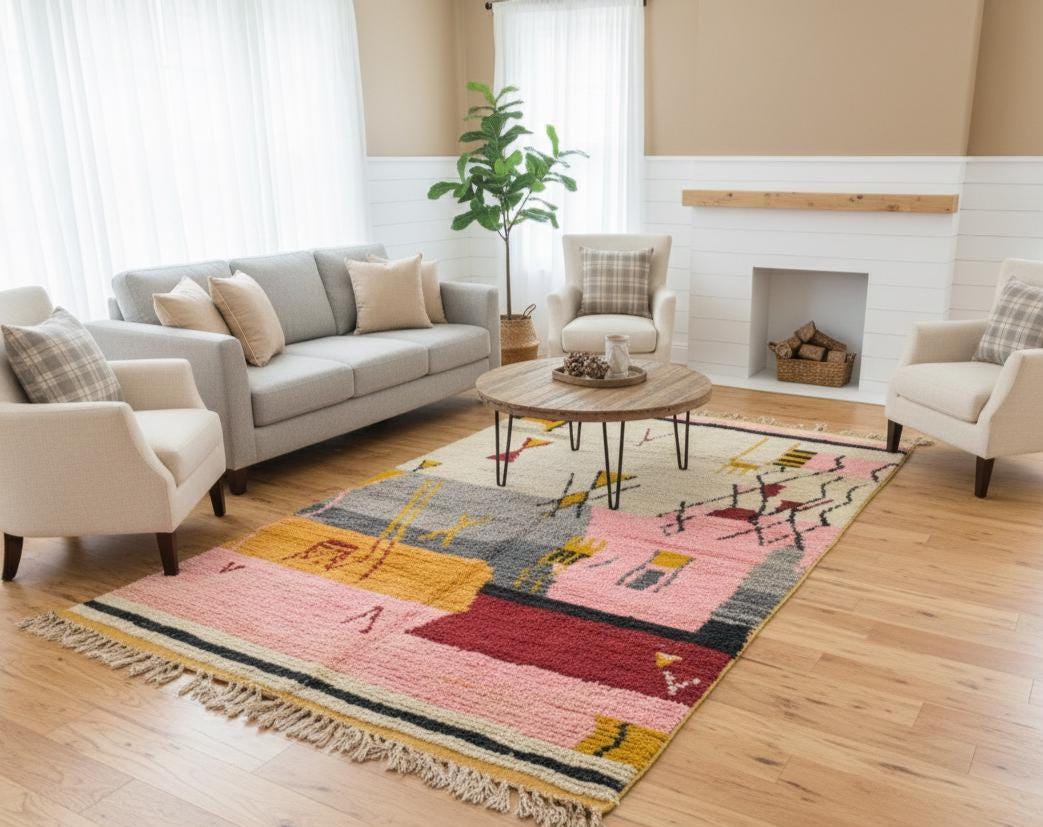 Handwoven Moroccan Rug Beni Ourain Azilal Wool Carpet Thick Plush Berber Area Rug for Modern Boho Interior Bohemian Home Decor Rug