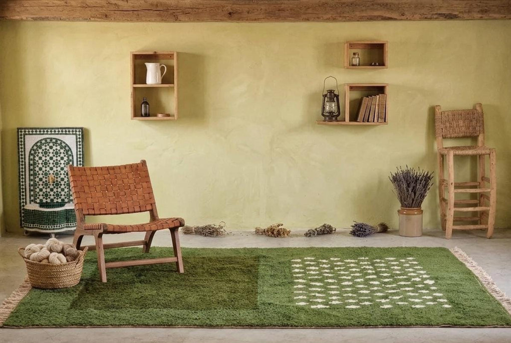 Green Wool Beni Ourain Berber Rug – Handwoven Moroccan Abstract Area Rug Living Room Decor Moroccan Style Rug