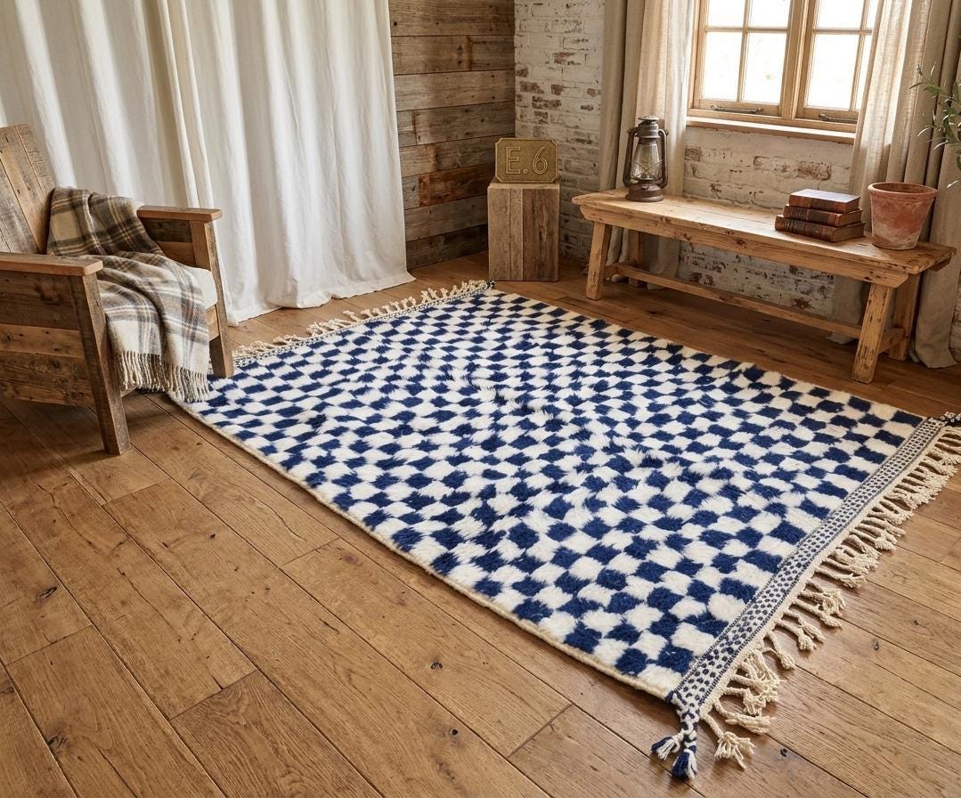 Checkered Moroccan Rug Beni Ourain Azilal Handmade Wool Rug Berber Area Carpet Modern Farmhouse Living Room Decor