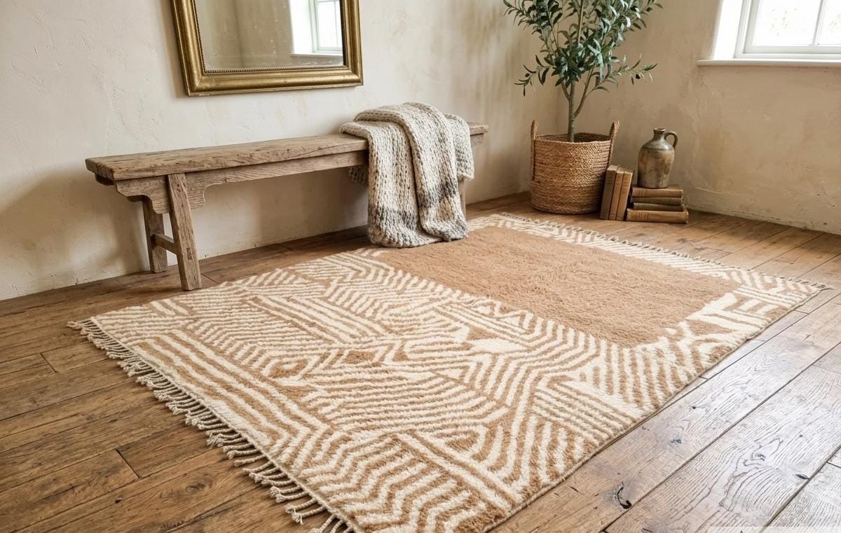 Brown Wool Beni Ourain Berber Rug – Handwoven Moroccan Abstract Area Rug Living Room Decor Moroccan Style Rug