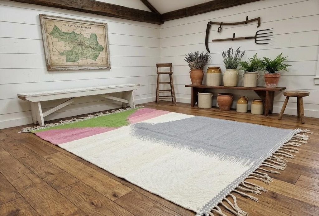 Handmade Moroccan Berber Rug, Gray Pink Sheep Wool Flat Rug, Bohemian Living Room Carpet Vintage Carpet