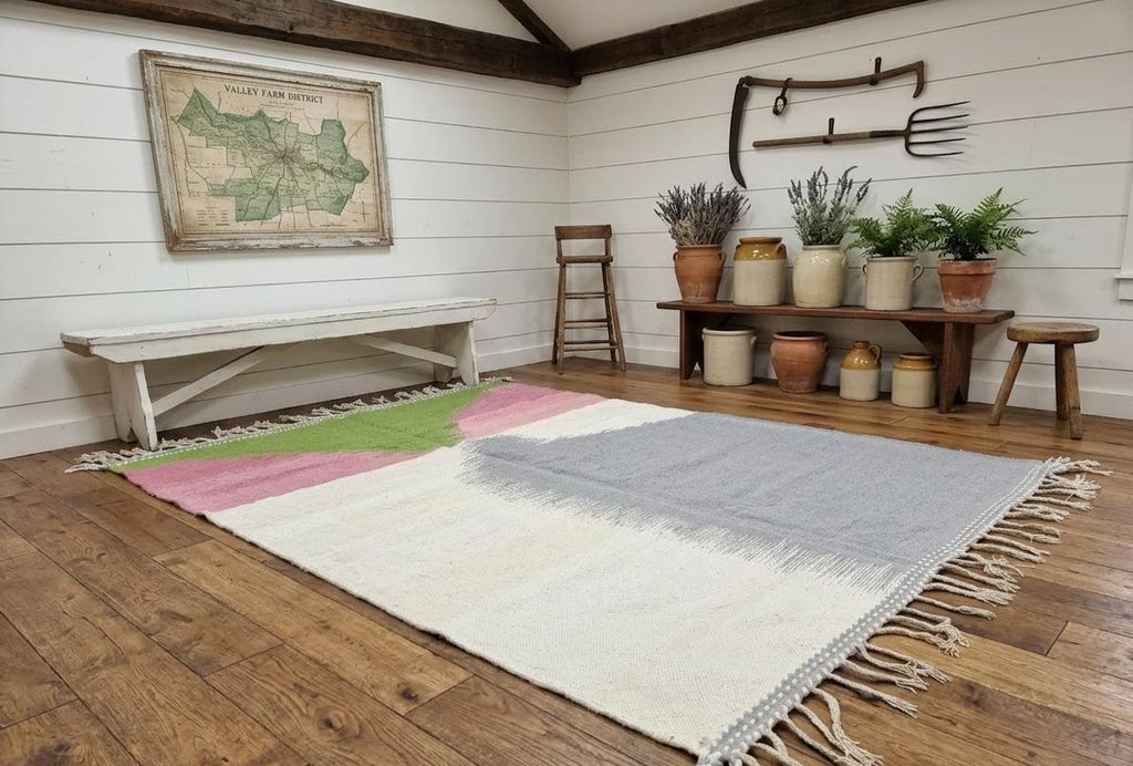 Handmade Moroccan Berber Rug, Gray Pink Sheep Wool Flat Rug, Bohemian Living Room Carpet Vintage Carpet