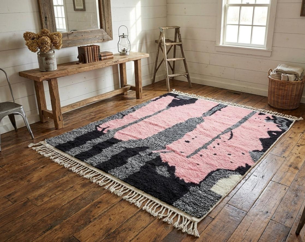 Moroccan Pink & Black Rug, Abstract Rug, Handmade Wool Rug – Handwoven Moroccan Abstract Area Rug Living Room Decor Moroccan Style Rug