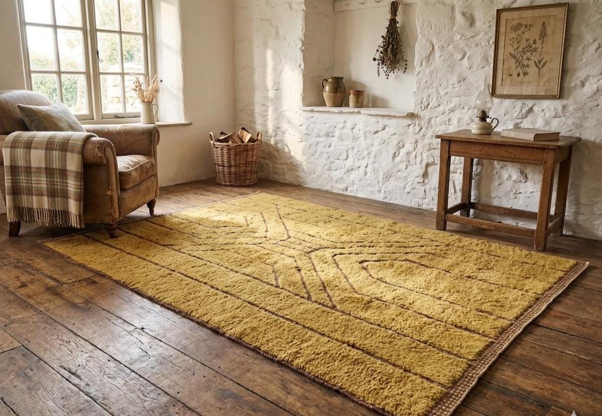 Handmade Moroccan Rug – Yellow Brown Beni Ourain Berber Rug, Custom Wool Area Rug, Boho Home Decor
