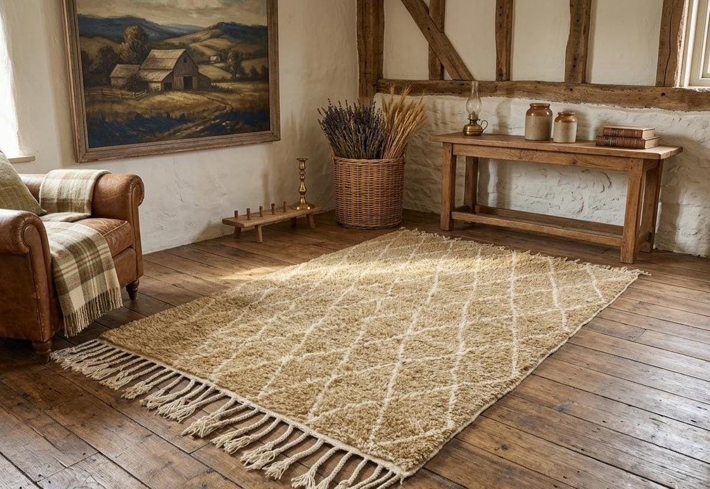 Beautiful Moroccan Rug – Handmade Beni Ourain Rug, Authentic Berber Wool Carpet, Custom Size Geometric Brown White Area Rug