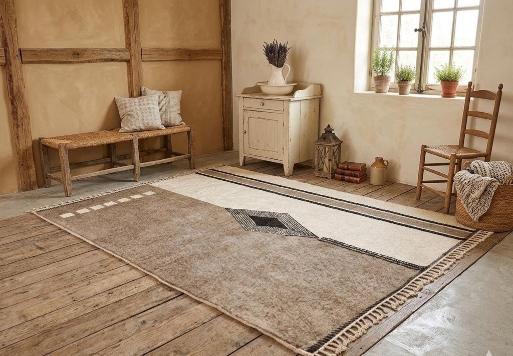 Contemporary Berber Rug – Neutral Beige & White Moroccan Carpet, Handmade Beni Ourain Wool Rug, Geometric Area Rug, Custom Size Rug