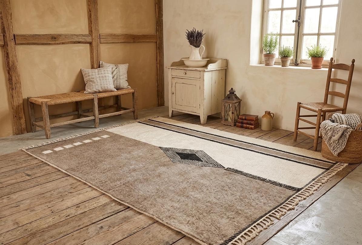Contemporary Berber Rug – Neutral Beige & White Moroccan Carpet, Handmade Beni Ourain Wool Rug, Geometric Area Rug, Custom Size Rug