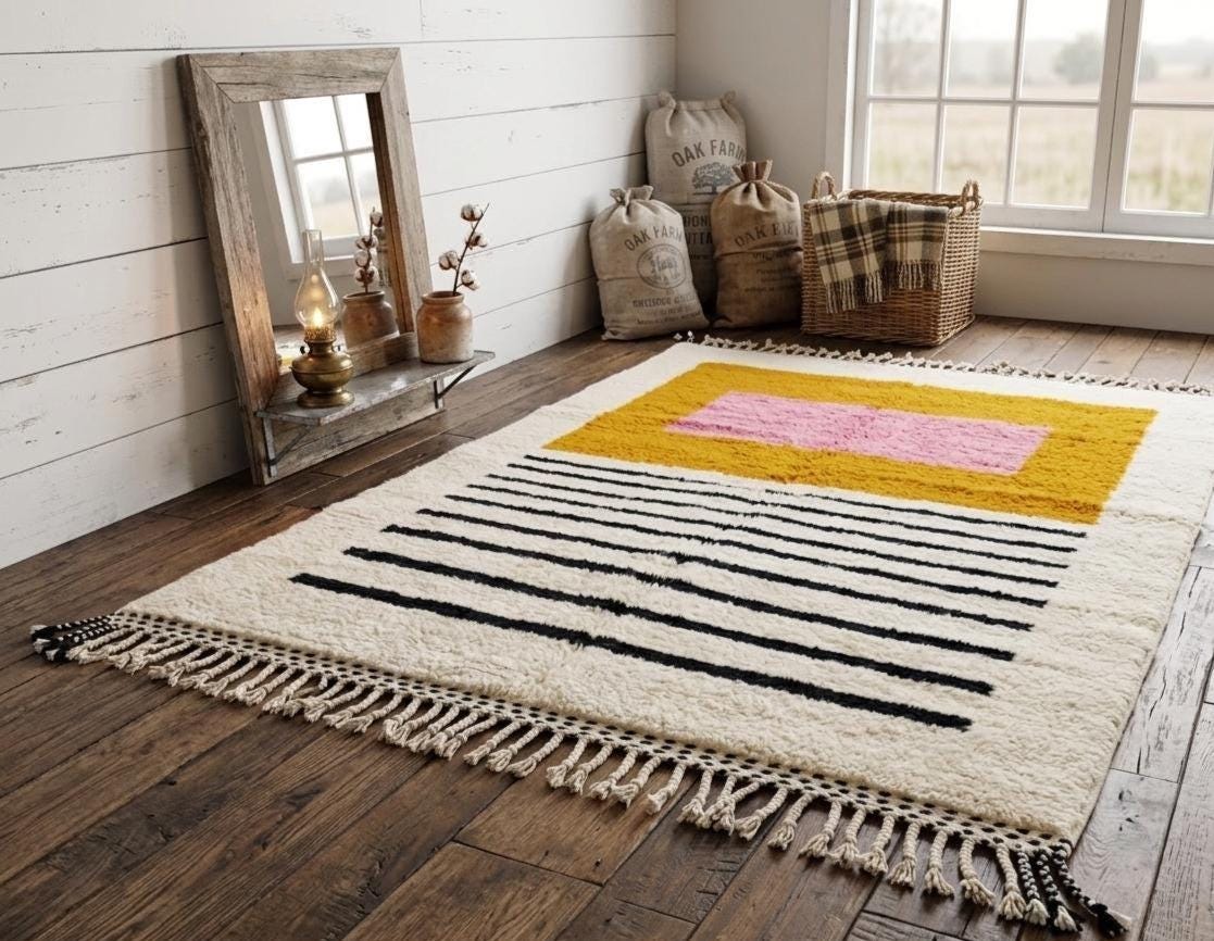Moroccan Rug Beni Ourain Azilal Wool Carpet Thick Plush Berber Area Rug for Modern Boho Interior Bohemian Home Decor Rug