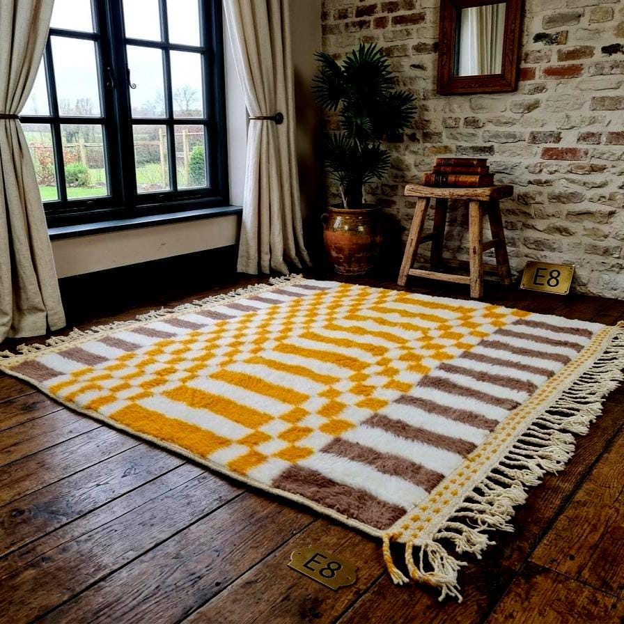 Checkered Beni Ourain Rug, Moroccan Handmade Carpet, Sheep Wool Berber Rug, Boho Area Rug, Custom Size