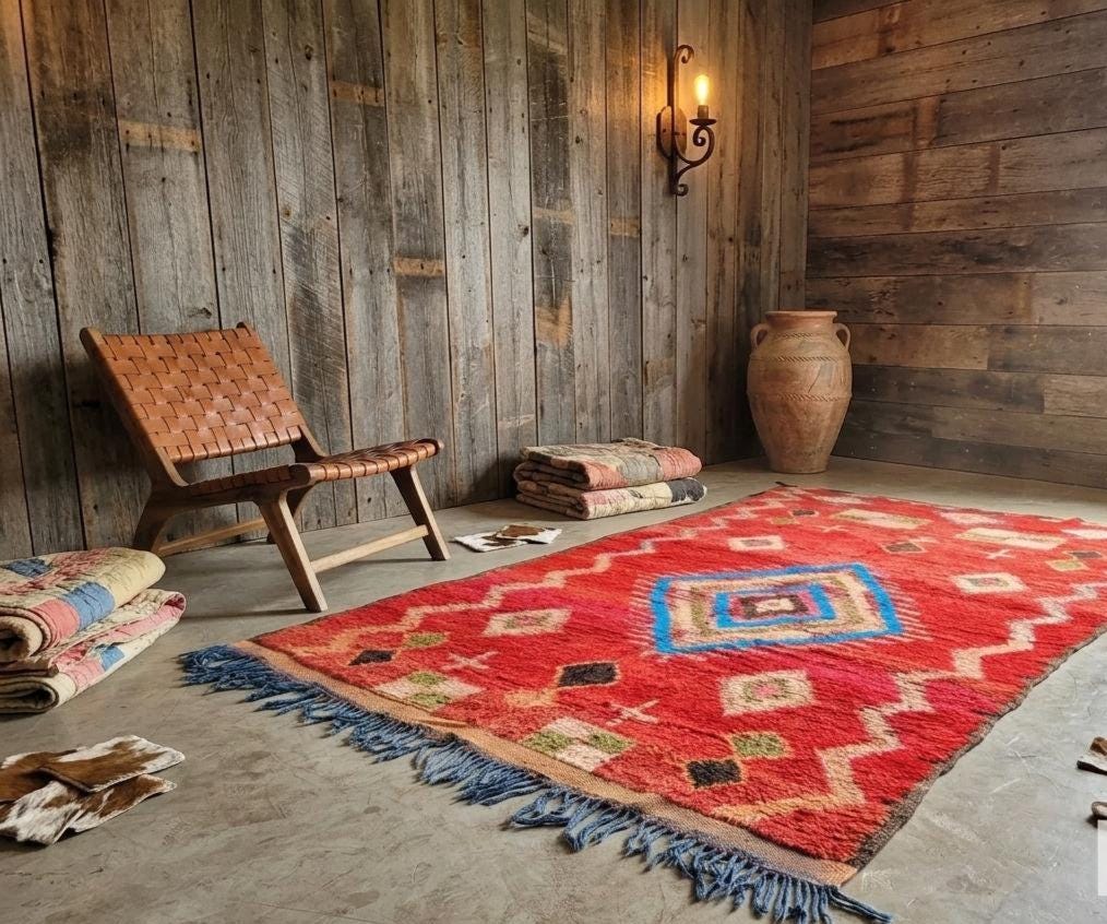 Vintage Moroccan Hand Knotted Rug, Red Berber Tribal Area Rug, Boho Geometric Carpet, Handmade Moroccan Living Room Rug