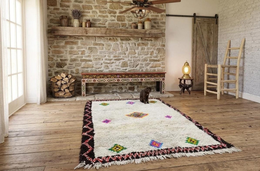 Hand Knotted Moroccan Beni Ourain Rug, White Berber Tribal Area Rug, Handmade Wool Boho Carpet, Vintage Moroccan Living Room Rug