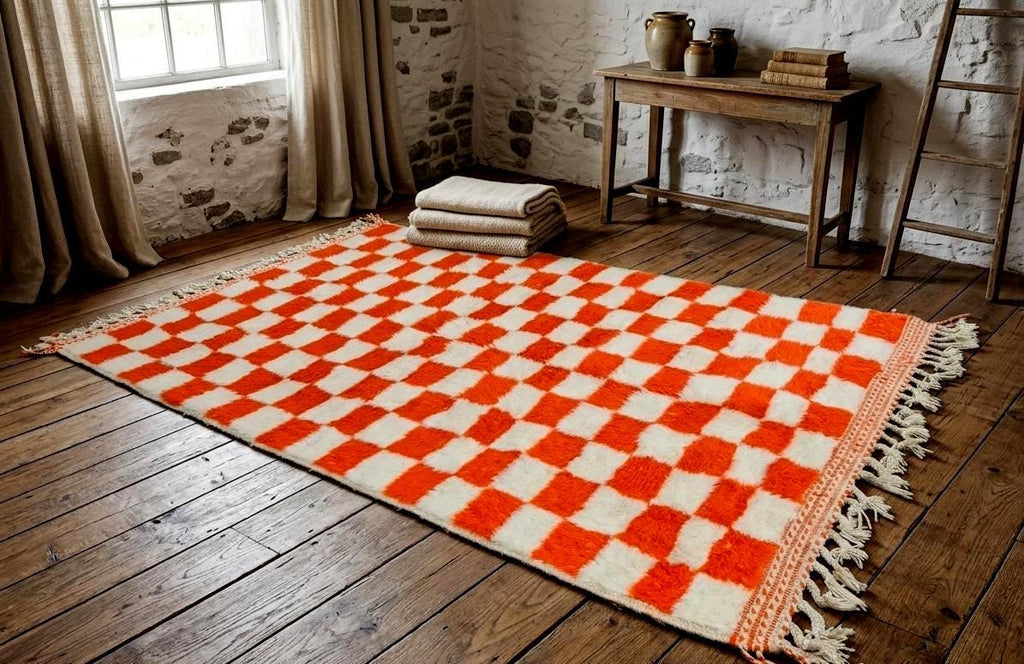 Moroccan Beni Ourain Rug, White & Orange Checkered Wool Rug, Scandinavian Area Rug, Handmade Dining Room Decor