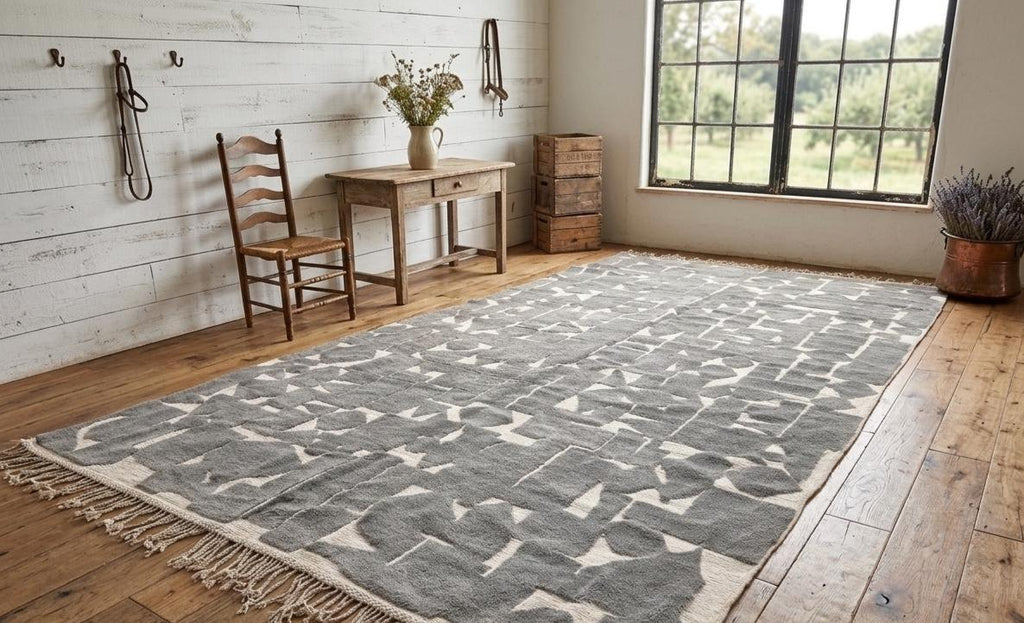 Beni Ourain Moroccan Rug 9x19, Hand Tufted Wool Shag Area Rug, Natural Gray Berber Carpet, Large Living Room Rug, Boho Home Decor
