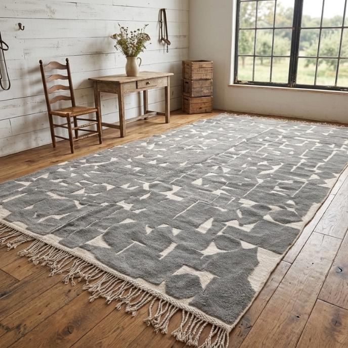 Beni Ourain Moroccan Rug 9x19, Hand Tufted Wool Shag Area Rug, Natural Gray Berber Carpet, Large Living Room Rug, Boho Home Decor