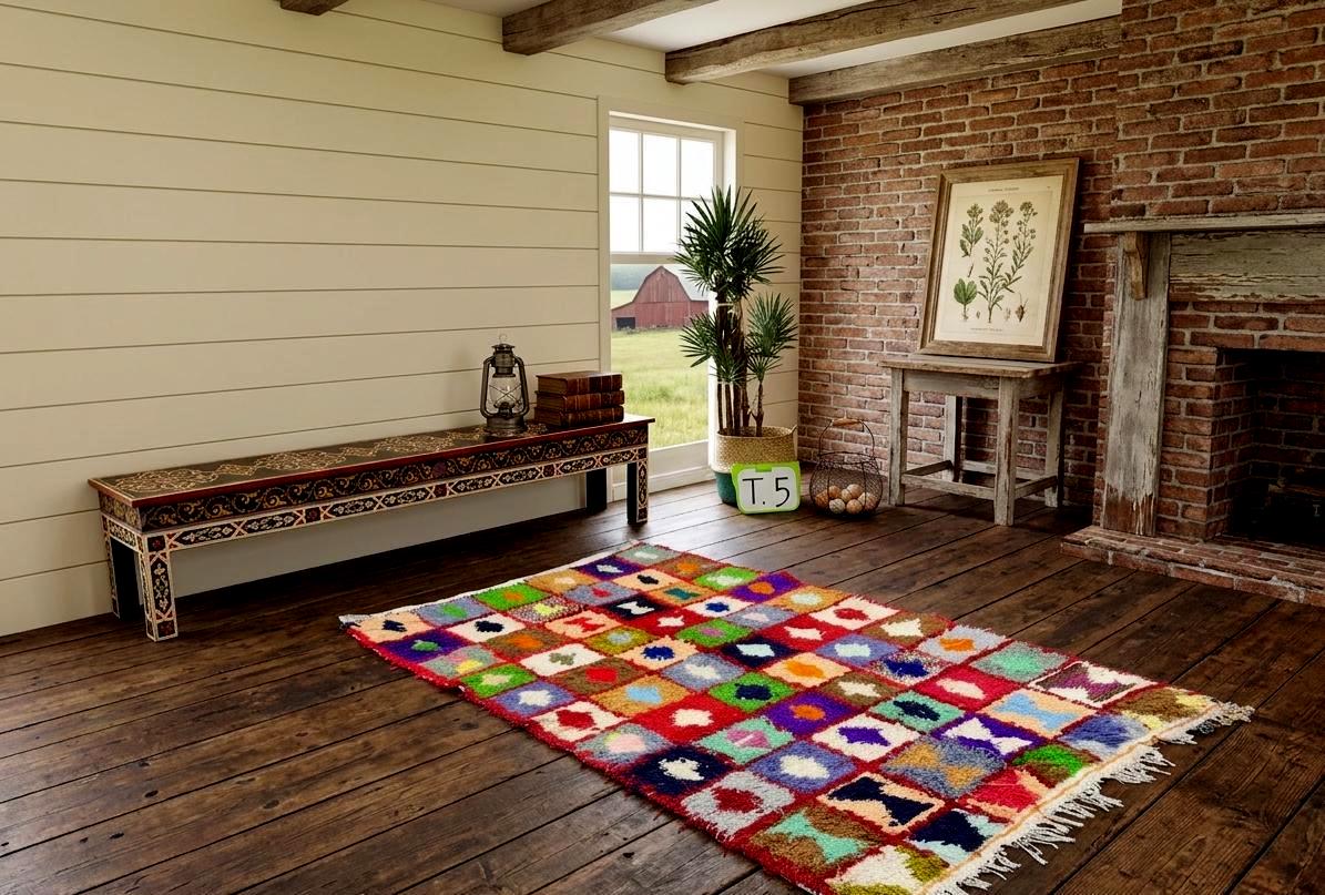 Handmade Moroccan Checkered Rug, Multicolor Berber Vintage Carpet, Authentic Wool Cotton Tribal Rug