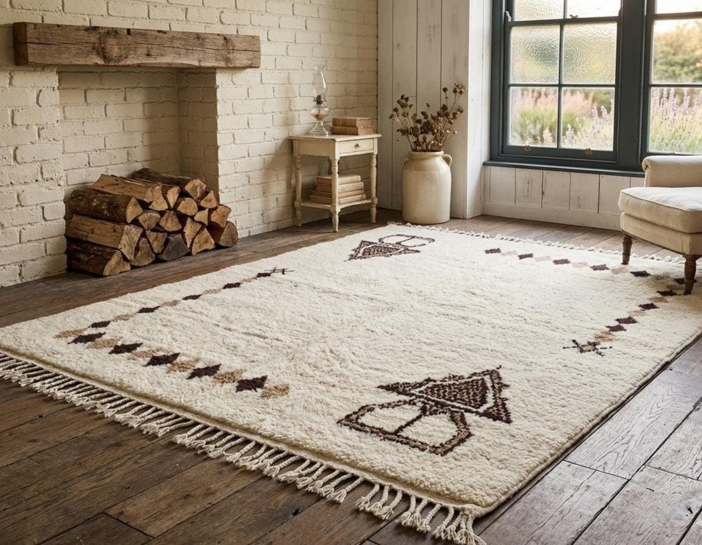Moroccan Beni Ourain Rug Handmade Wool Carpet, White Brown Berber Shag Rug, Abstract Area Rug, Made to Order Moroccan Rug, Living Room Rug