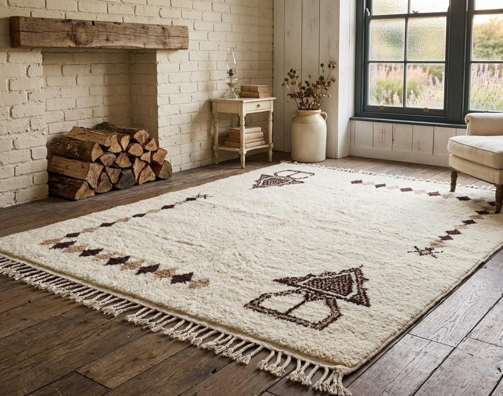 Moroccan Beni Ourain Rug Handmade Wool Carpet, White Brown Berber Shag Rug, Abstract Area Rug, Made to Order Moroccan Rug, Living Room Rug