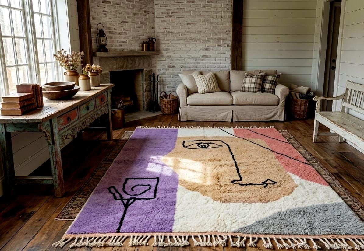 Custom Beniourain Rug, Moroccan Purple Beige Carpet, Handmade Berber Wool Rug, Modern Area Rug Home Decor
