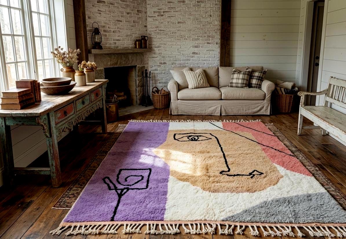 Custom Beniourain Rug, Moroccan Purple Beige Carpet, Handmade Berber Wool Rug, Modern Area Rug Home Decor