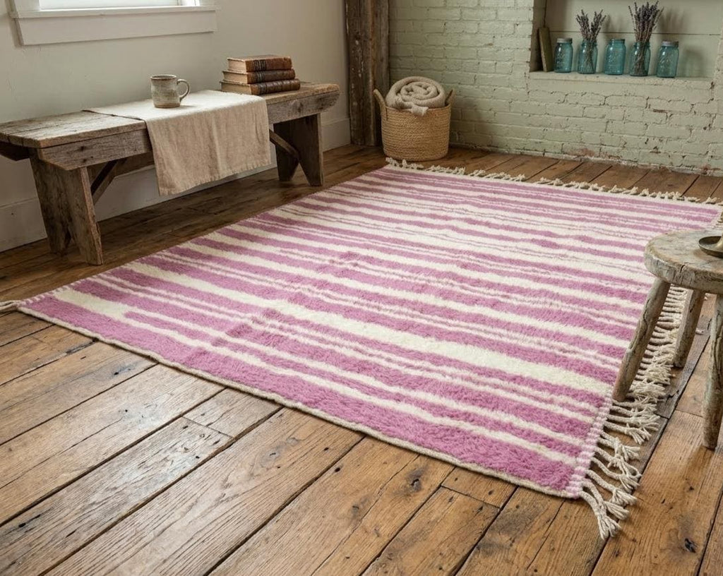 Pink Moroccan Beni Rug, Handmade Striped Wool Berber Rug, Handwoven Area Carpet, Boho Chic Home Decor Rug