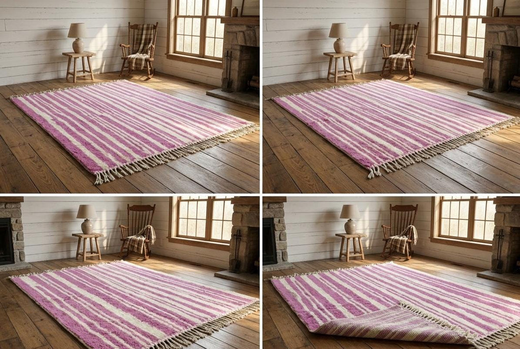 Pink Moroccan Beni Rug, Handmade Striped Wool Berber Rug, Handwoven Area Carpet, Boho Chic Home Decor Rug