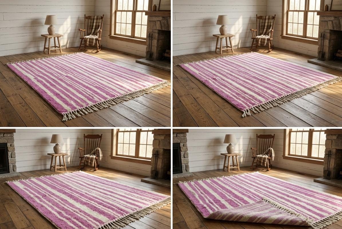 Pink Moroccan Beni Rug, Handmade Striped Wool Berber Rug, Handwoven Area Carpet, Boho Chic Home Decor Rug