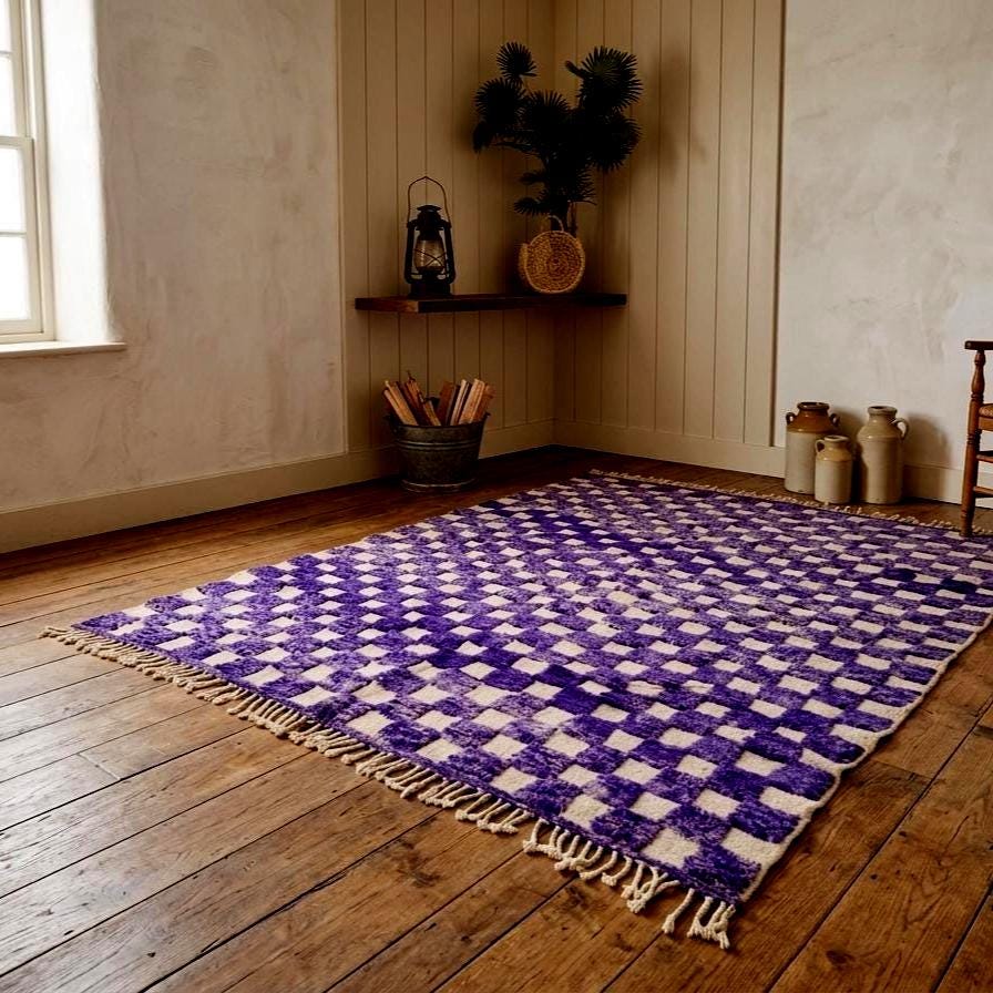 Moroccan Beniourain Rug, Handmade Berber Wool Rug, Cream Tribal Grid Area Rug, Authentic Moroccan Carpet, Boho Living Room Rug