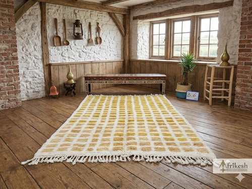 Beniourain Rug Moroccan, Handmade Wool Berber Rug, Tribal Grid Cream Area Rug, Authentic Boho Moroccan Carpet