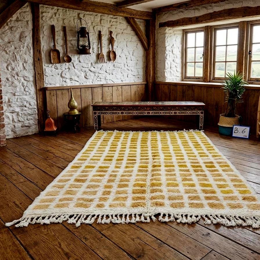 Beniourain Rug Moroccan, Handmade Wool Berber Rug, Tribal Grid Cream Area Rug, Authentic Boho Moroccan Carpet