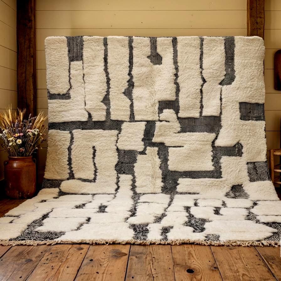 White Moroccan Beni Rug High Pile, Handmade Tufted Wool Shag Rug, Custom Size Berber Carpet, Cozy Boho Area Rug