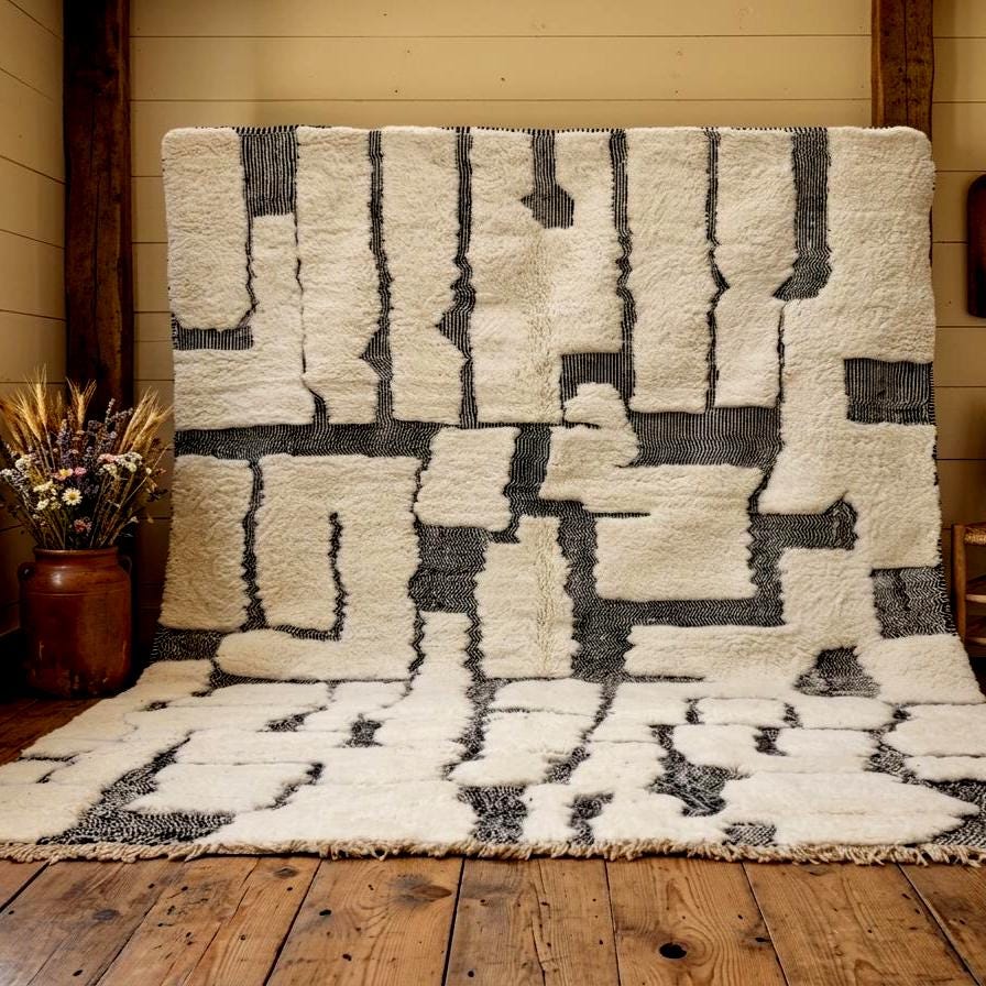 White Moroccan Beni Rug High Pile, Handmade Tufted Wool Shag Rug, Custom Size Berber Carpet, Cozy Boho Area Rug