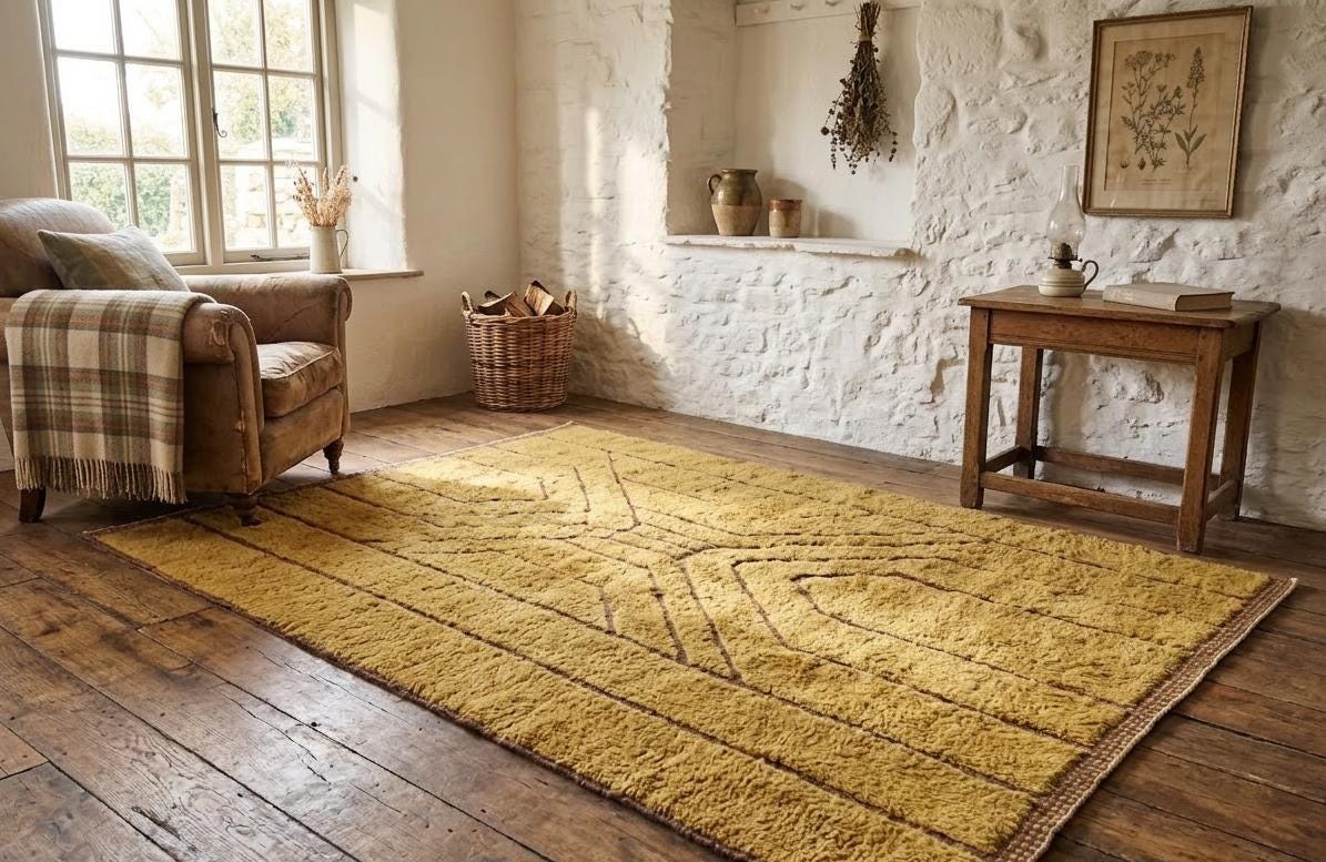 Handmade Moroccan Rug – Yellow Brown Beni Ourain Berber Rug, Custom Wool Area Rug, Boho Home Decor
