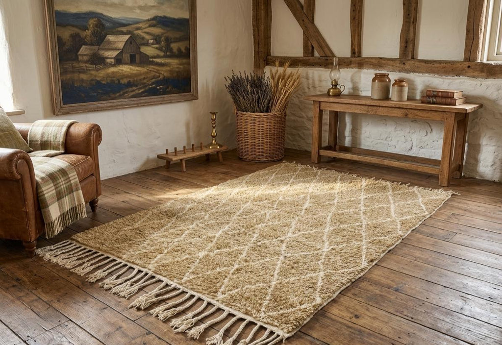 Beautiful Moroccan Rug – Handmade Beni Ourain Rug, Authentic Berber Wool Carpet, Custom Size Geometric Brown White Area Rug