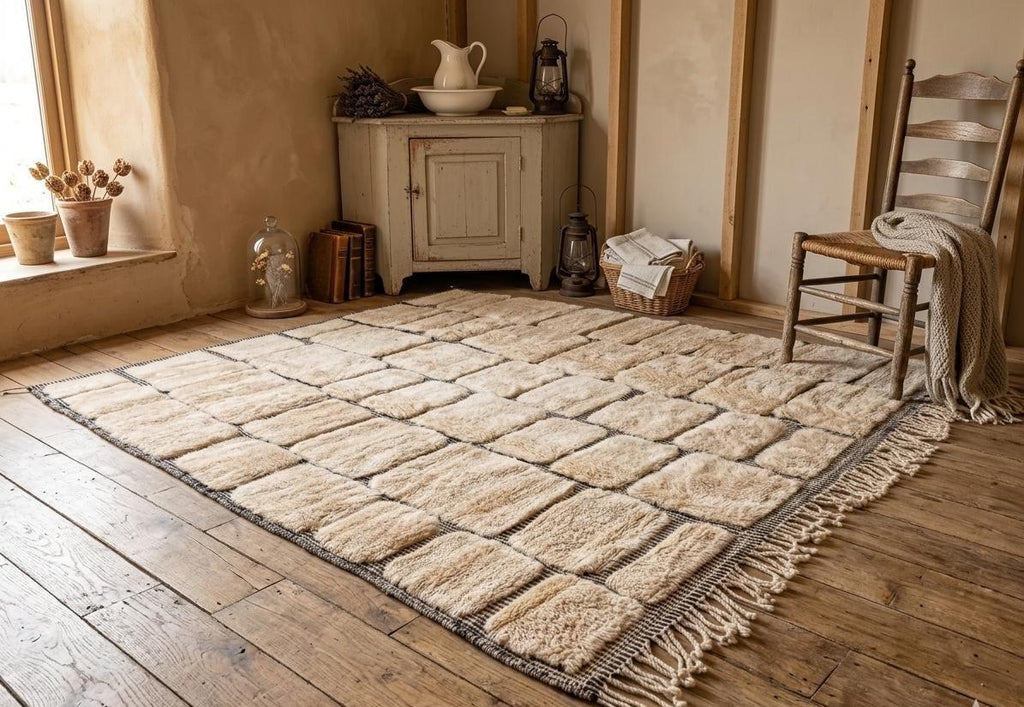 8x9 White Mrirt Moroccan Rug – Handmade Wool Berber Carpet, Soft Shaggy Area Rug, Luxury Home Decor