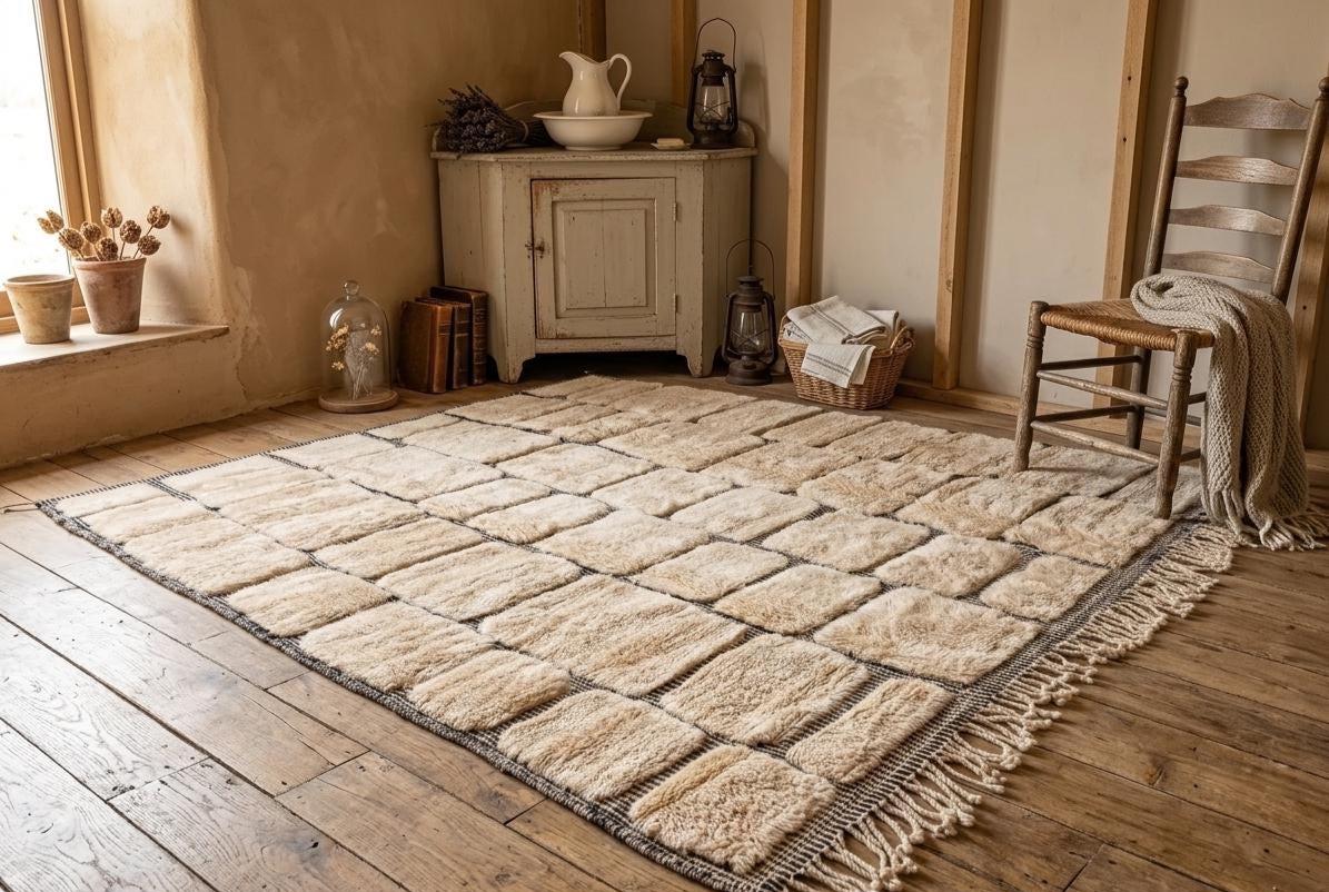 8x9 White Mrirt Moroccan Rug – Handmade Wool Berber Carpet, Soft Shaggy Area Rug, Luxury Home Decor
