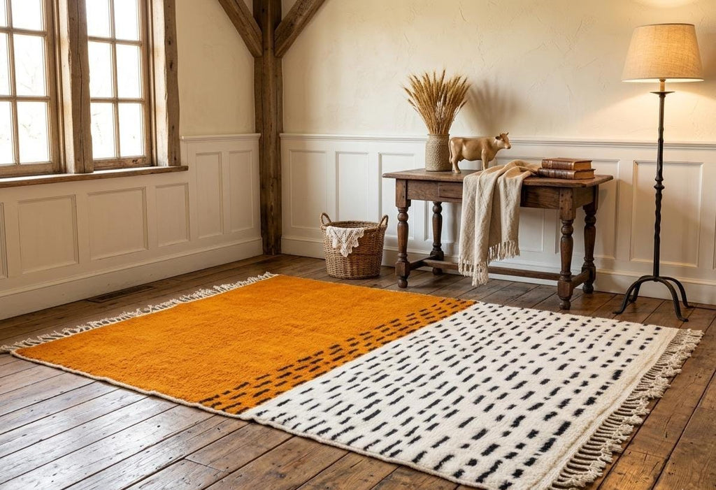 Dark Orange & White Beni Ourain Rug – Handmade Moroccan Wool Carpet, Dotted Berber Area Rug Custom Wool Berber Carpet