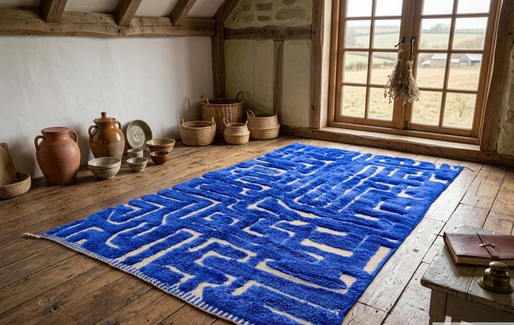 Royal Blue Beni Mrirt Shag Rug – Handmade Moroccan Wool Carpet, Berber Area Rug, Custom Size Benirugs