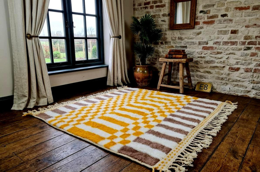 Checkered Beni Ourain Rug, Moroccan Handmade Carpet, Sheep Wool Berber Rug, Boho Area Rug, Custom Size