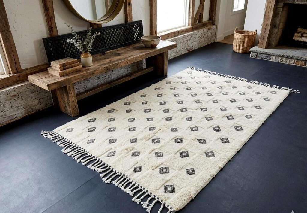 Tufted Beni Ourain Moroccan Rug, White Boho Check Design, Hand Knotted Wool Area Rug, Custom Size