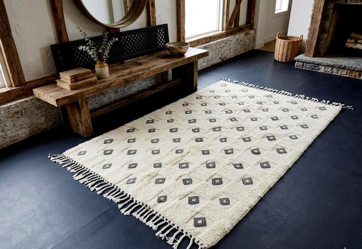 Tufted Beni Ourain Moroccan Rug, White Boho Check Design, Hand Knotted Wool Area Rug, Custom Size