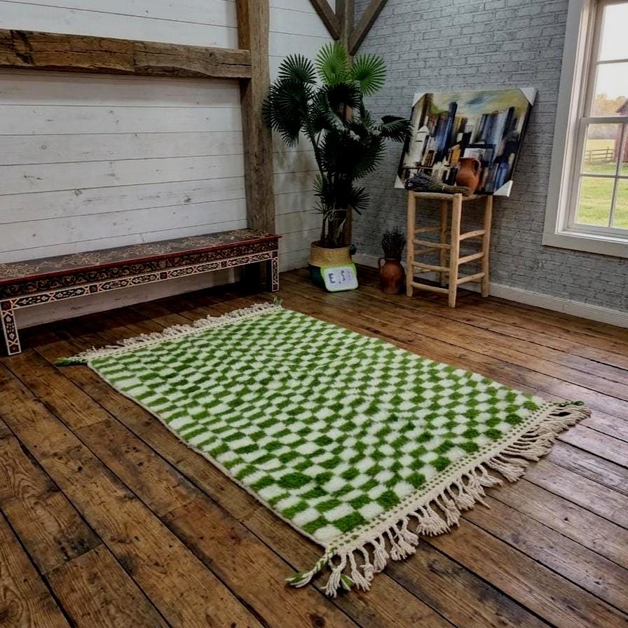 Green and White Checkered Moroccan Rug, Handmade Berber Wool Rug, Boho Area Carpet, Soft Tribal Rug, Modern Home Decor