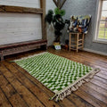 Green and White Checkered Moroccan Rug, Handmade Berber Wool Rug, Boho Area Carpet, Soft Tribal Rug, Modern Home Decor