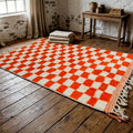 Moroccan Beni Ourain Rug, White & Orange Checkered Wool Rug, Scandinavian Area Rug, Handmade Dining Room Decor