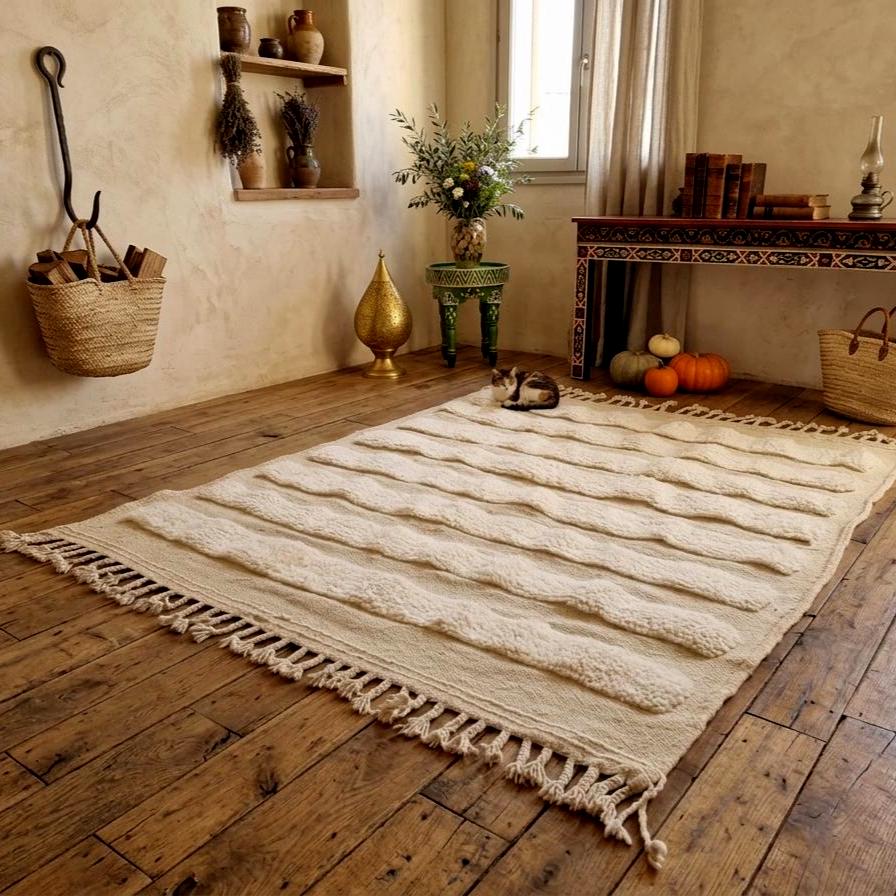 Handmade Moroccan Cream Rug, Beni Ourain White Berber Rug, Authentic Sheep Wool Carpet, Cozy Home Decor