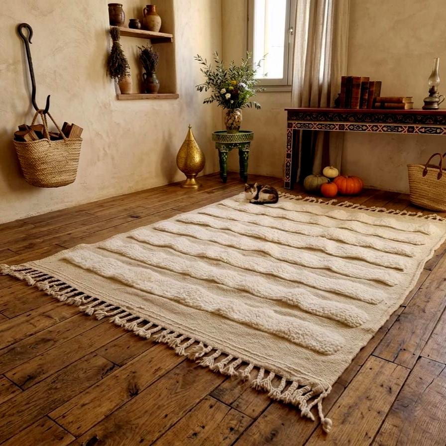 Handmade Moroccan Cream Rug, Beni Ourain White Berber Rug, Authentic Sheep Wool Carpet, Cozy Home Decor