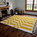 Vibrant Yellow Beni Ourain Rug – Handmade Moroccan Berber Wool Carpet, Checkered Square Design